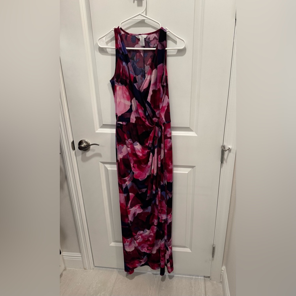 London Times One Shoulder Dress in Pink and Purple Floral